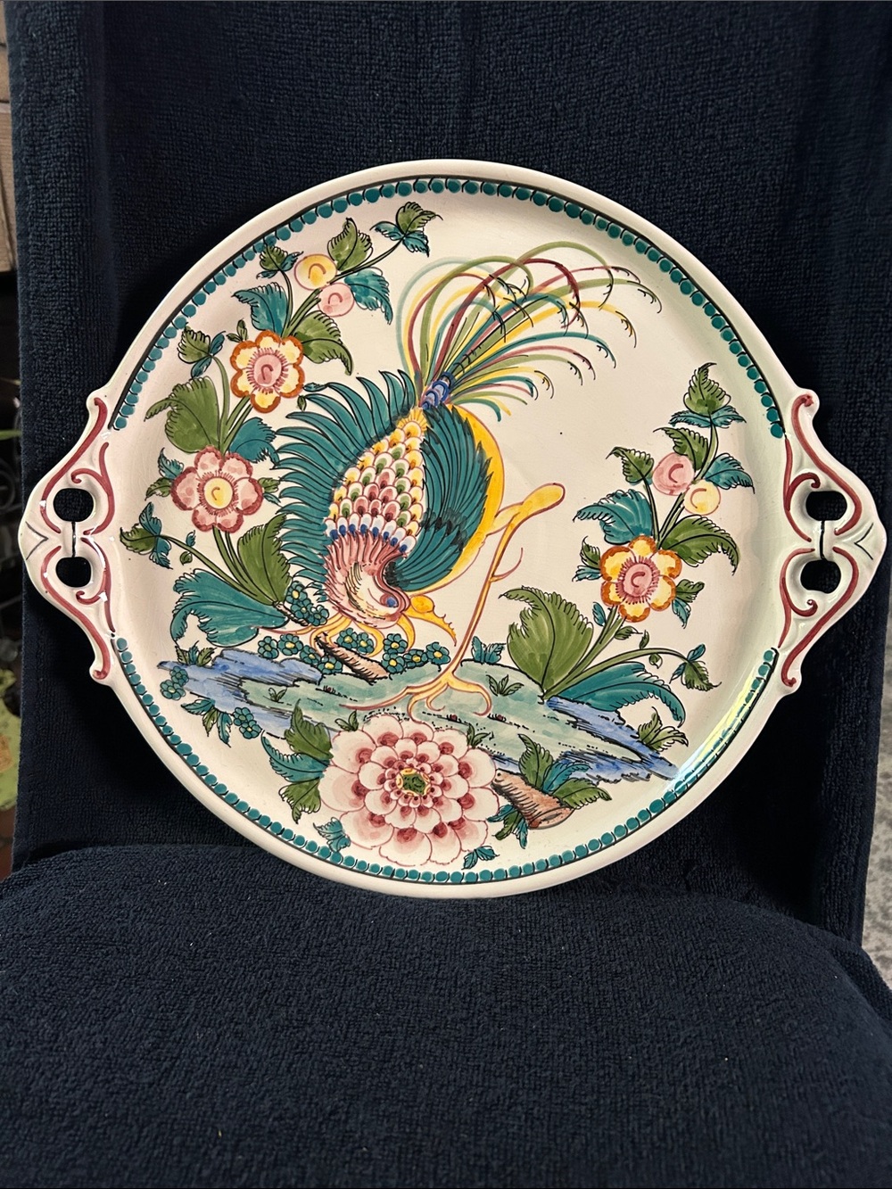 Ala Agueda Portugal Hand Painted Peacock and Floral Handled Platter